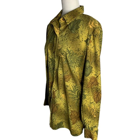 Vintage Microfiber Button Up Shirt M Green Leaves Floral Long Sleeve Collar - Picture 3 of 5